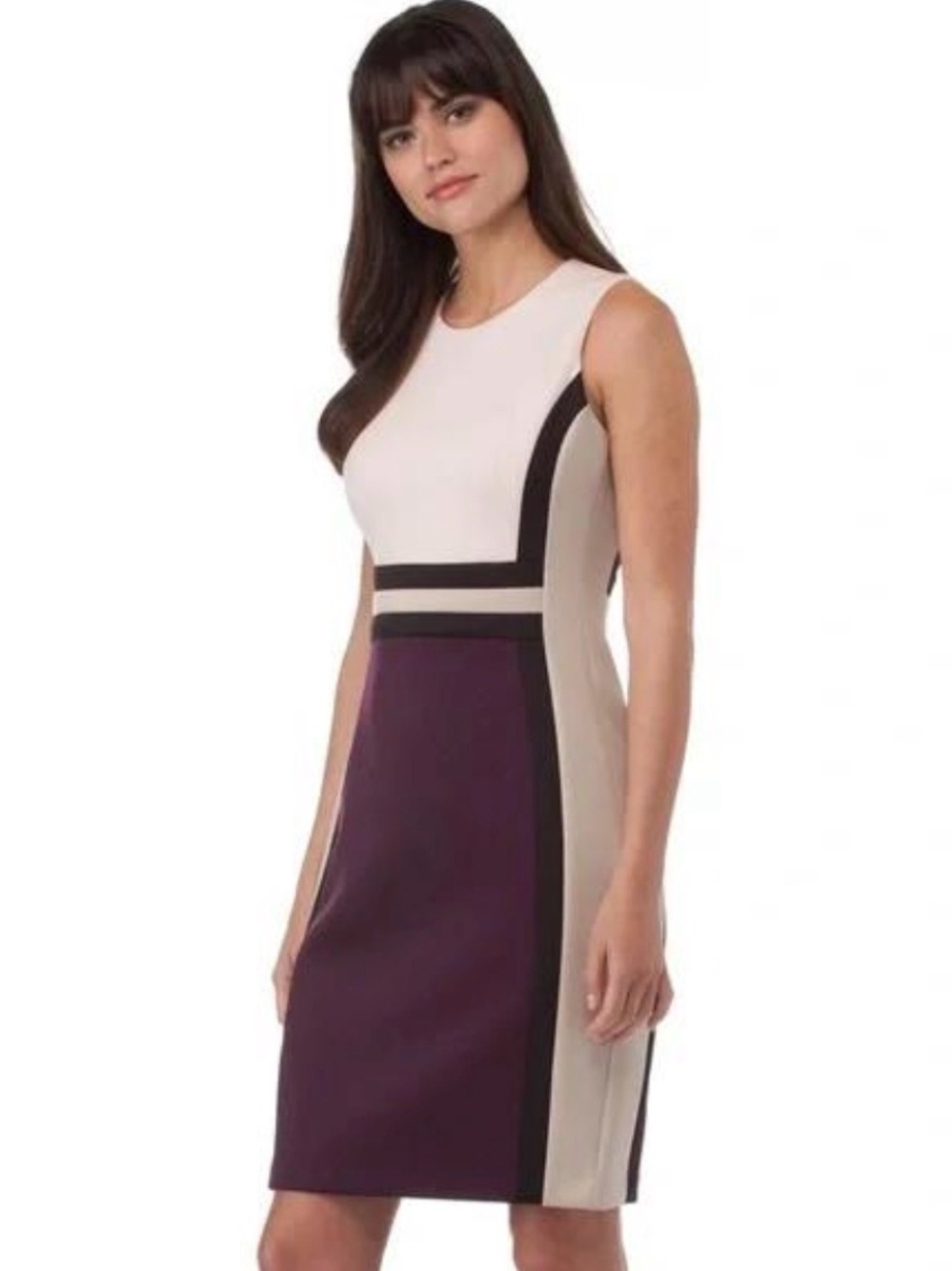 Calvin Klein Colorblock Scuba Ponte Sheath Dress Cream Purple Black